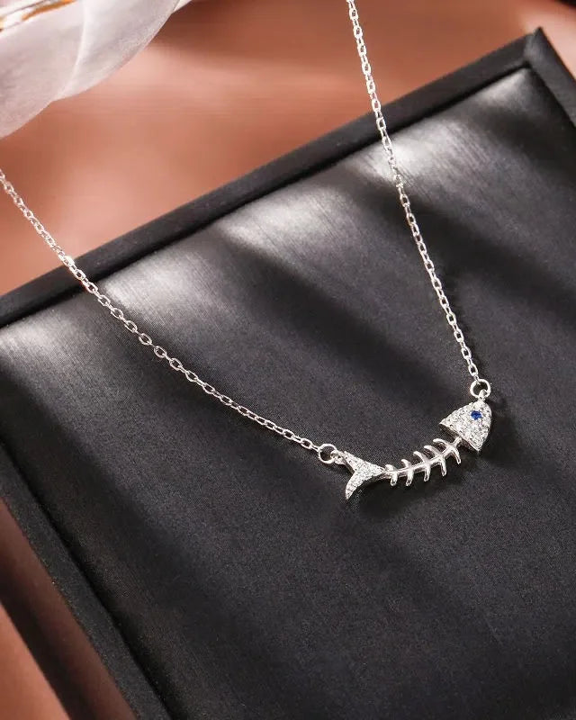 Silver Crystal Fish Bone Pendant Clavicle Necklace