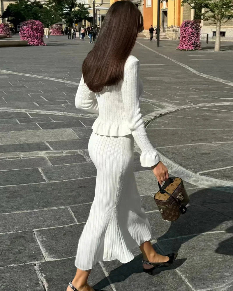 V-Neck Flare Sleeve Knit Cardigan & Mermaid Maxi Skirt Set