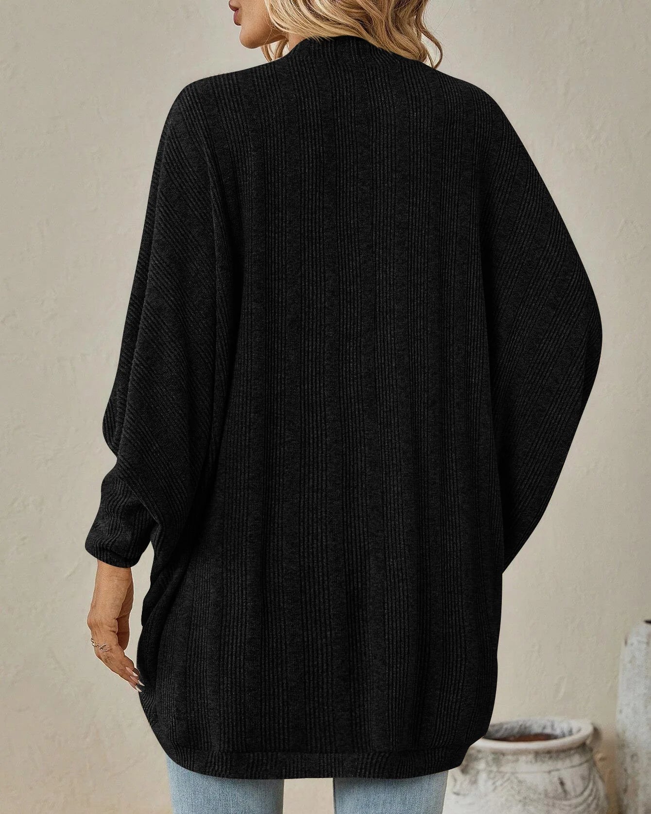 Solid Bat Sleeve Open-Front Loose Mid-Length Knit Cardigan