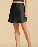 Women's elastic waist satin A-line mini skirt featuring breathable polyester-elastane fabric, a slim fit, and reinforced seams for summer office or casual wear.