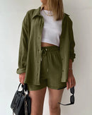 Long sleeve stand collar top and high waist shorts 2-piece set in cotton linen. Loose, breathable casual style — available in S–XXL for spring and summer.