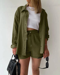 Long sleeve stand collar top and high waist shorts 2-piece set in cotton linen. Loose, breathable casual style — available in S–XXL for spring and summer.