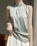 Loose And Casual Satin Vest T-Shirt With Ruffled Collar