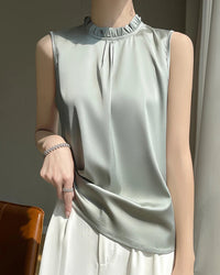 Loose And Casual Satin Vest T-Shirt With Ruffled Collar