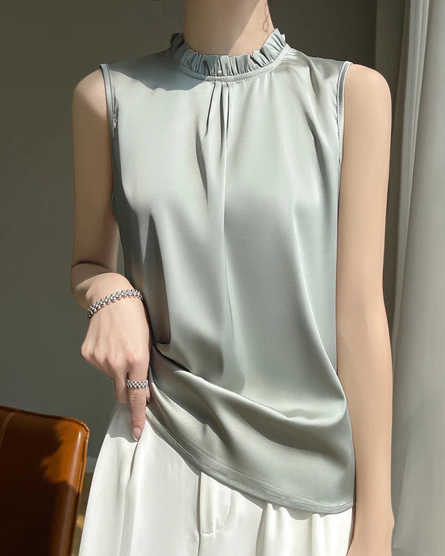 Loose And Casual Satin Vest T-Shirt With Ruffled Collar