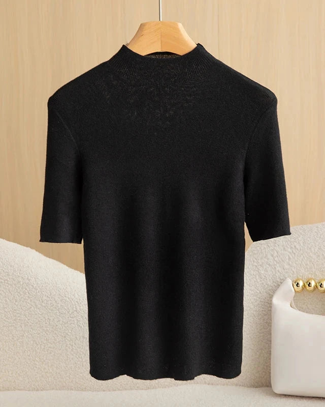 Wool Mock Neck Half Sleeve Top