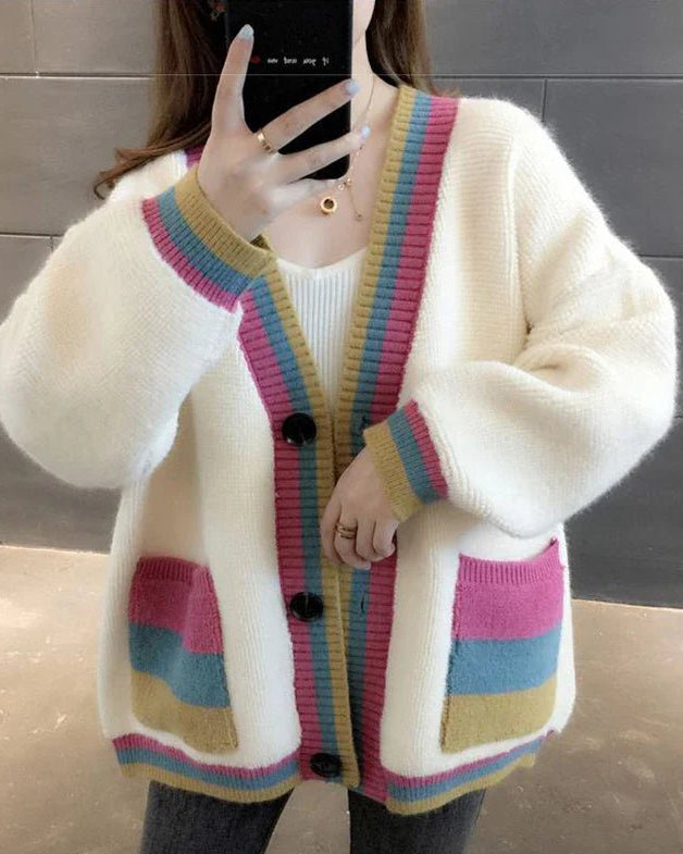 Colorful V-Neck Knitted Short Cardigan