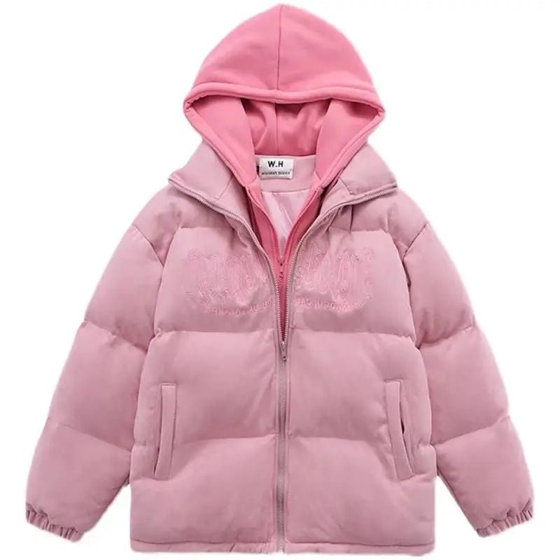 Fake Two-Pieces Letter Embroidered Hooded Down Jacket