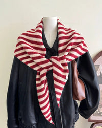 Wool blend striped knit triangle scarf in cream with multicolor stripes, cozy textured shawl with multifunctional styling, perfect for fall and winter warmth.
