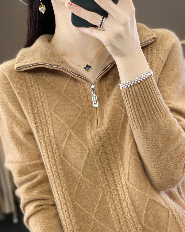 Wool Turtleneck Twisted Stripe Half-Zip Loose Pullover Sweater