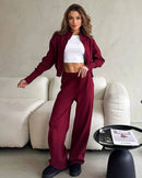 Zip-up cropped knit cardigan and drawstring wide-leg trousers 2-piece set in polyester-nylon-viscose blend. Slight stretch — a soft, chic autumn winter fashion suit for women.
