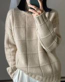 Pure Cashmere Plaid Turtleneck Loose Thick Knit Pullover