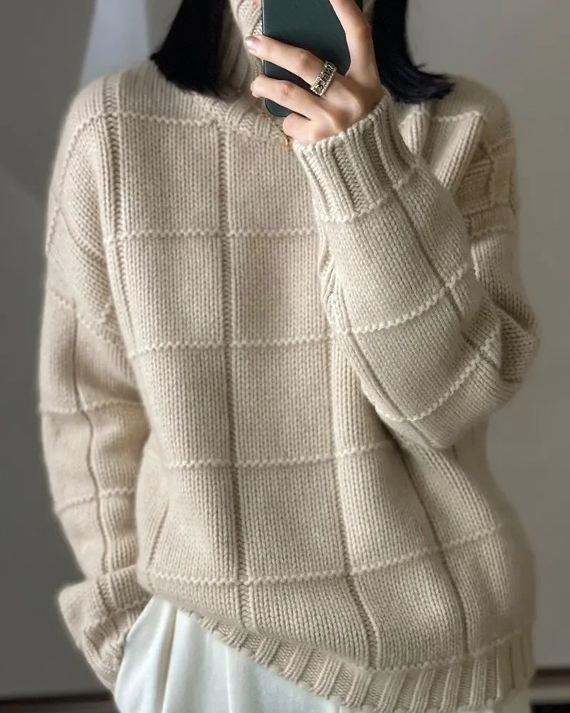 Pure Cashmere Plaid Turtleneck Loose Thick Knit Pullover