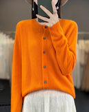 Wool O-Neck Seamless Single-Breasted Open Cardigan Sweater