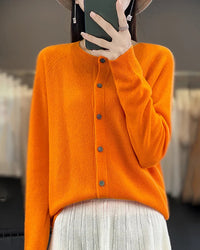 Wool O-Neck Seamless Single-Breasted Open Cardigan Sweater