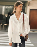 Ruffled Embroidered Hollow-Out Long-Sleeved Shirt