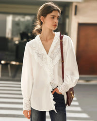 Ruffled Embroidered Hollow-Out Long-Sleeved Shirt