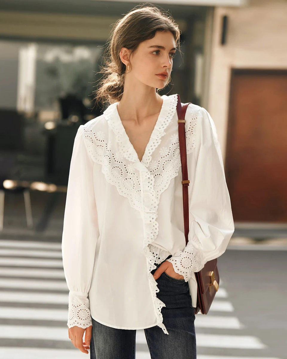 Ruffled Embroidered Hollow-Out Long-Sleeved Shirt