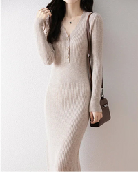 Wool V-Neck Button Mid-Length Slim Pullover Sweater Dress