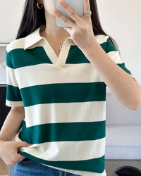Striped Knit Polo Collar Tee