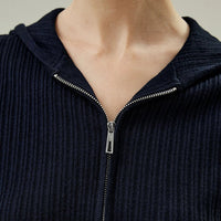 Silk-Wool Knit Zipper-Up Short Sleeve Hoodie Sweatshirt