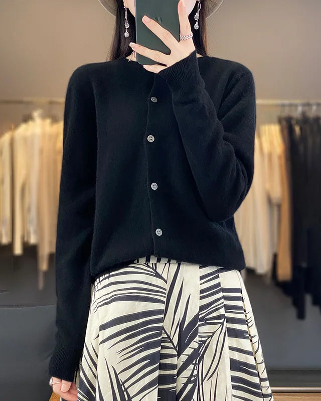 Merino Wool Round Neck Knit Cardigan