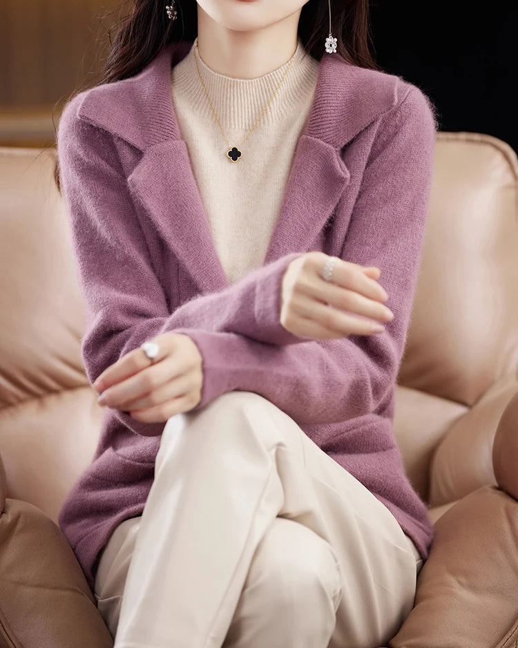 Mink Cashmere Tailored-Collar Knit Cardigan