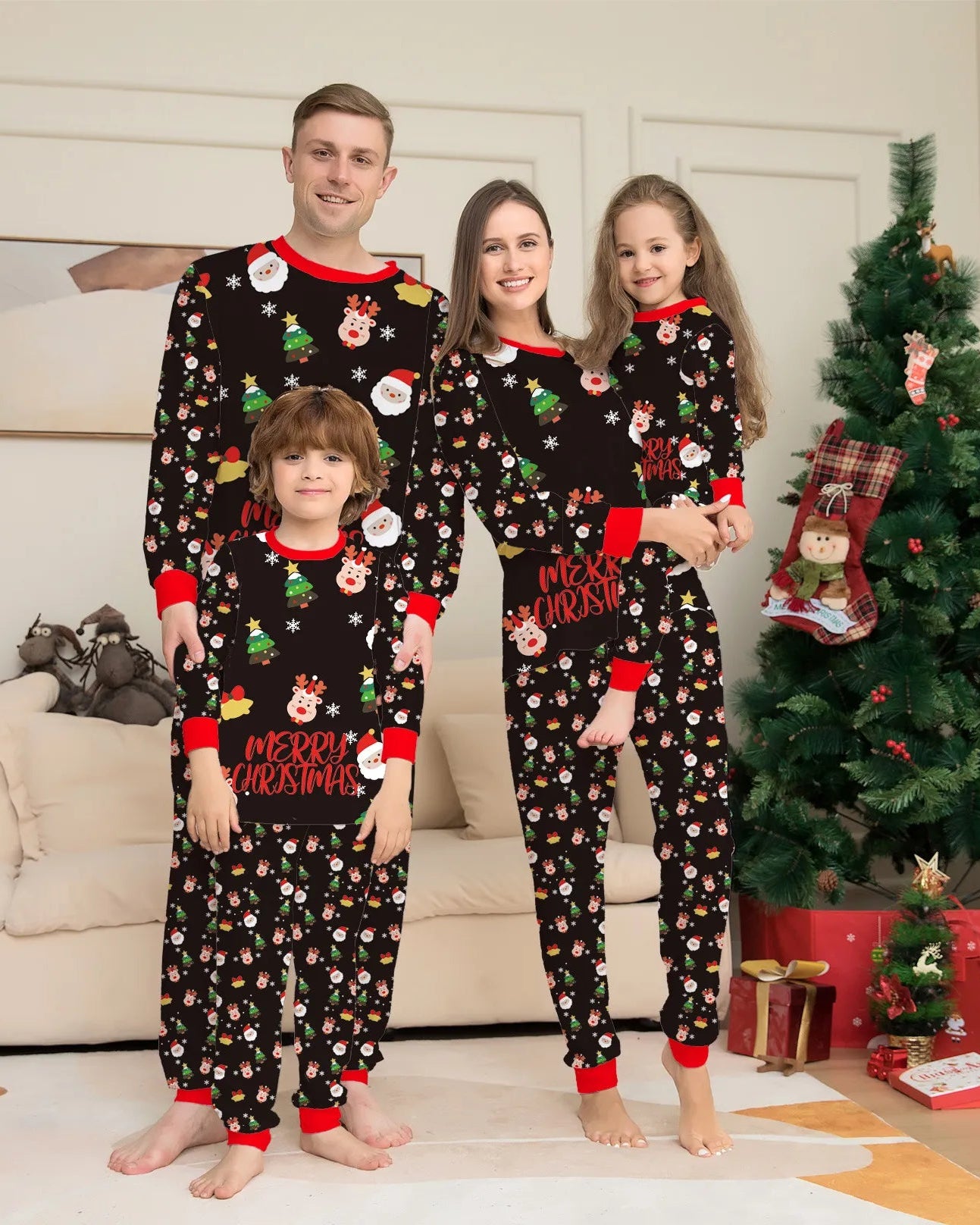Black Christmas family matching pajamas set featuring a festive cartoon print of Santa Claus, reindeer, Christmas trees, and snowflakes. This unisex sleepwear set is made from a soft 35% cotton and 65% polyester blend and includes long-sleeved tops with red trim and matching pants.
