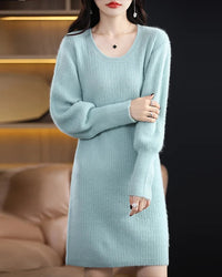 Mink cashmere O-neck lantern sleeve striped pullover sweater dress. Medium stretch — a warm, elegant knee-length autumn winter knitwear dress for women.