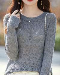 Hollow Knit Cotton Relaxed Pullover Top
