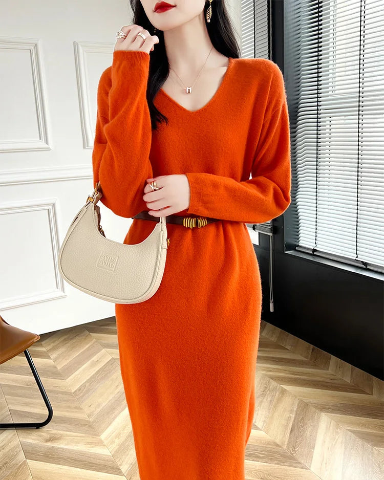 Wool V-Neck Long Sweater Dress