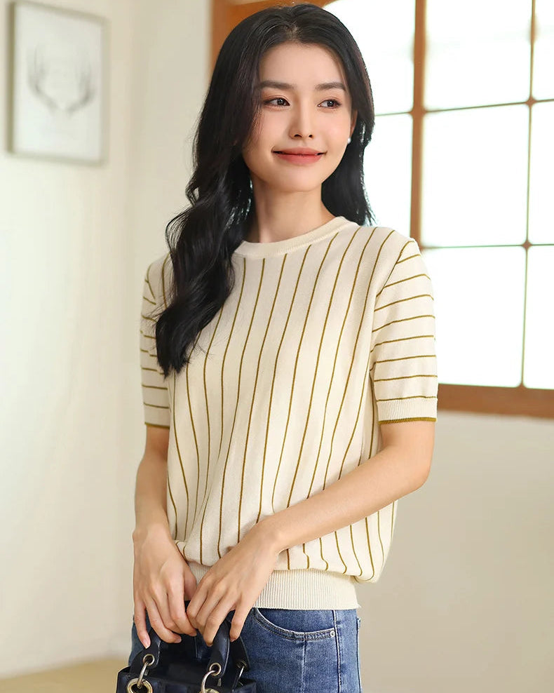 Pure Cotton Loose-Fit Vertical Striped T-Shirt