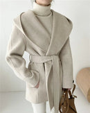 Hooded Wool Blend Wrap Coat