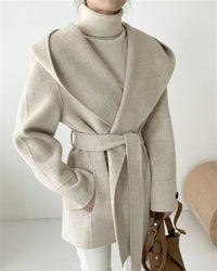 Hooded Wool Blend Wrap Coat