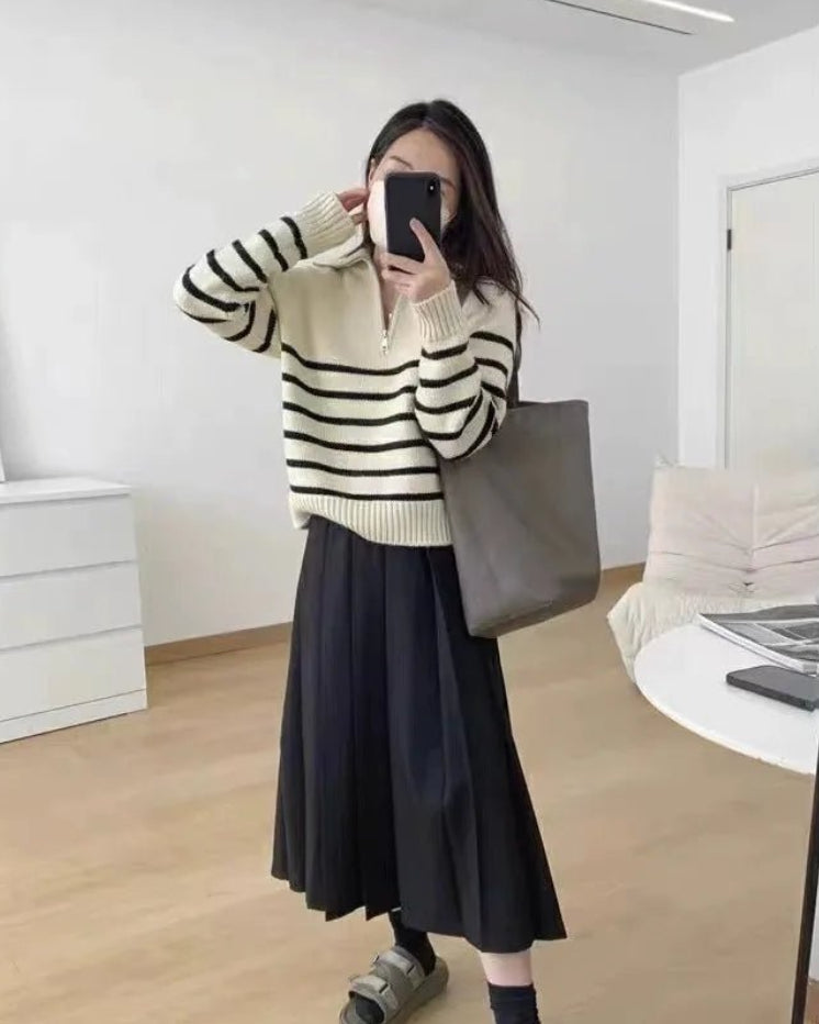 Half Zipper Striped Pure Cashmere Pullover
