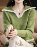 Contrast-Collar Mink Cashmere Sweater