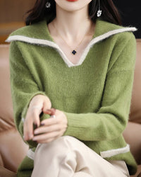 Contrast-Collar Mink Cashmere Sweater