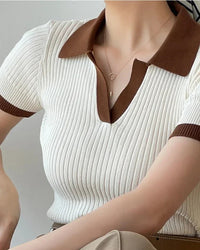 Slim Knit V-Neck Short Sleeve Top