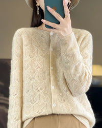 100% merino wool round neck hollow leaf knit cardigan sweater. Heavyweight, slight stretch — a soft, warm Korean office-ready autumn winter knitwear top for women.
