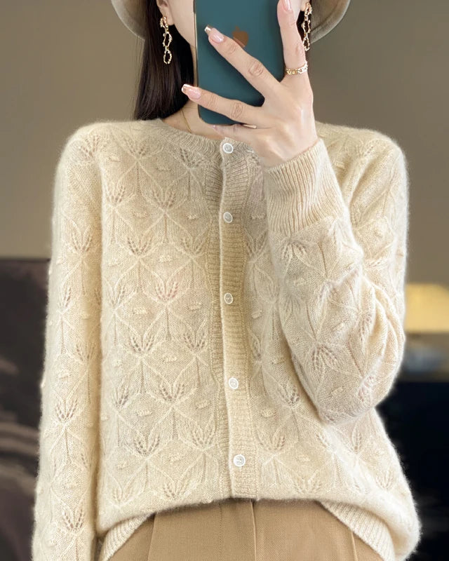 100% merino wool round neck hollow leaf knit cardigan sweater. Heavyweight, slight stretch — a soft, warm Korean office-ready autumn winter knitwear top for women.