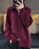 Collared Wool Zip-Up Cardigan Sweater