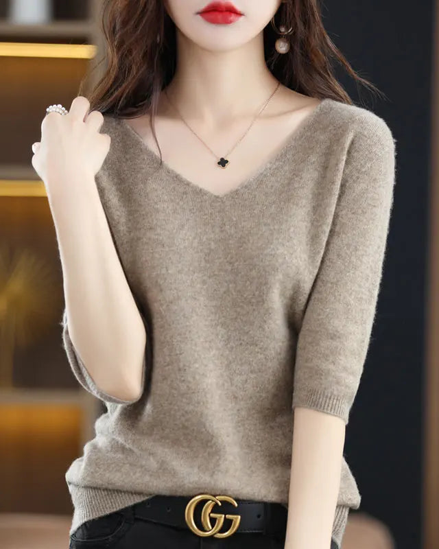 Merino Wool V-Neck Short Sleeve Pullover