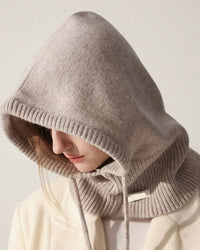 Women's Wool knit balaclava bonnet featuring a sculpted minimalist collar, one-piece neck coverage, and windproof design, perfect for outdoor winter sports or city commutes.