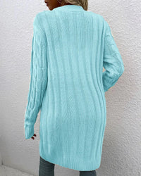 Solid Cable-Knit Open-Front Button Pocket Loose Long Cardigan