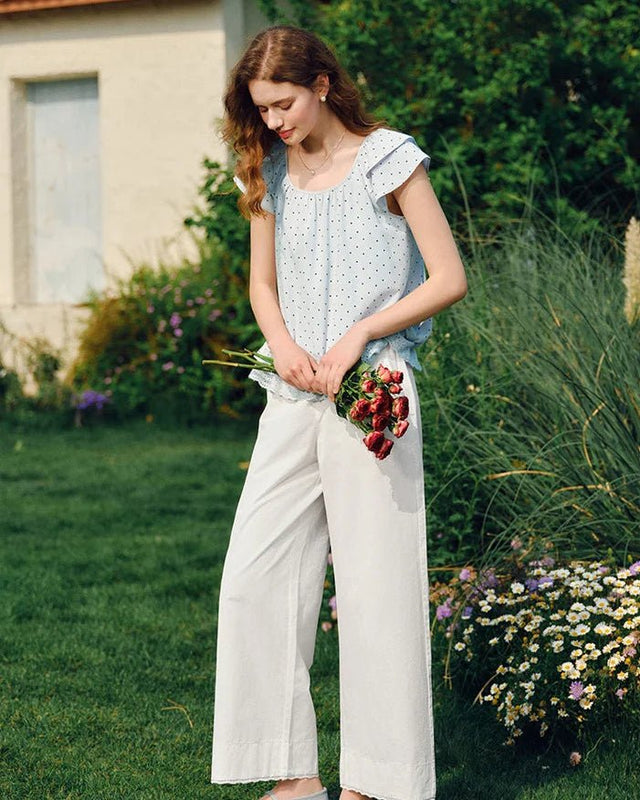 Sweet Polka Dot U-Neck Puff Short-Sleeved Top