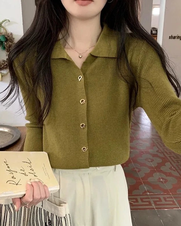 Polo Lapel Knit Cardigan