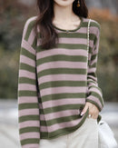 Cotton O-Neck Curled Colourful Stripe Loose Pullover Sweater