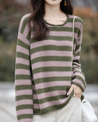 Cotton O-Neck Curled Colourful Stripe Loose Pullover Sweater
