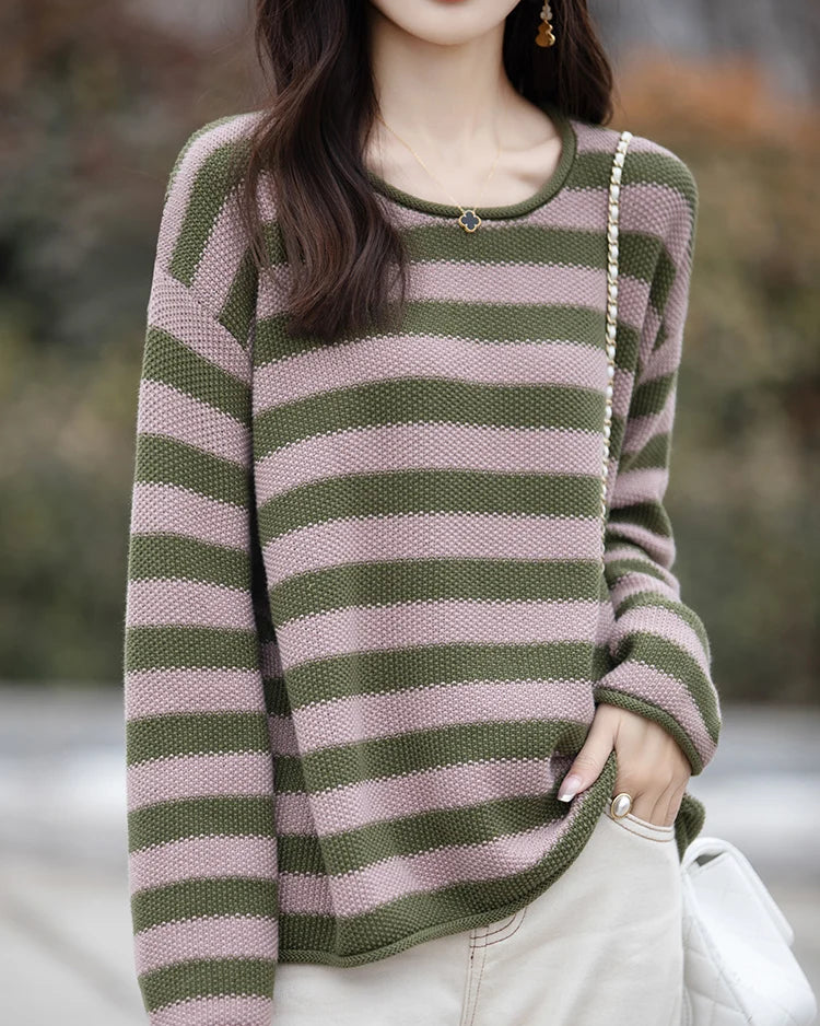 Cotton O-Neck Curled Colourful Stripe Loose Pullover Sweater