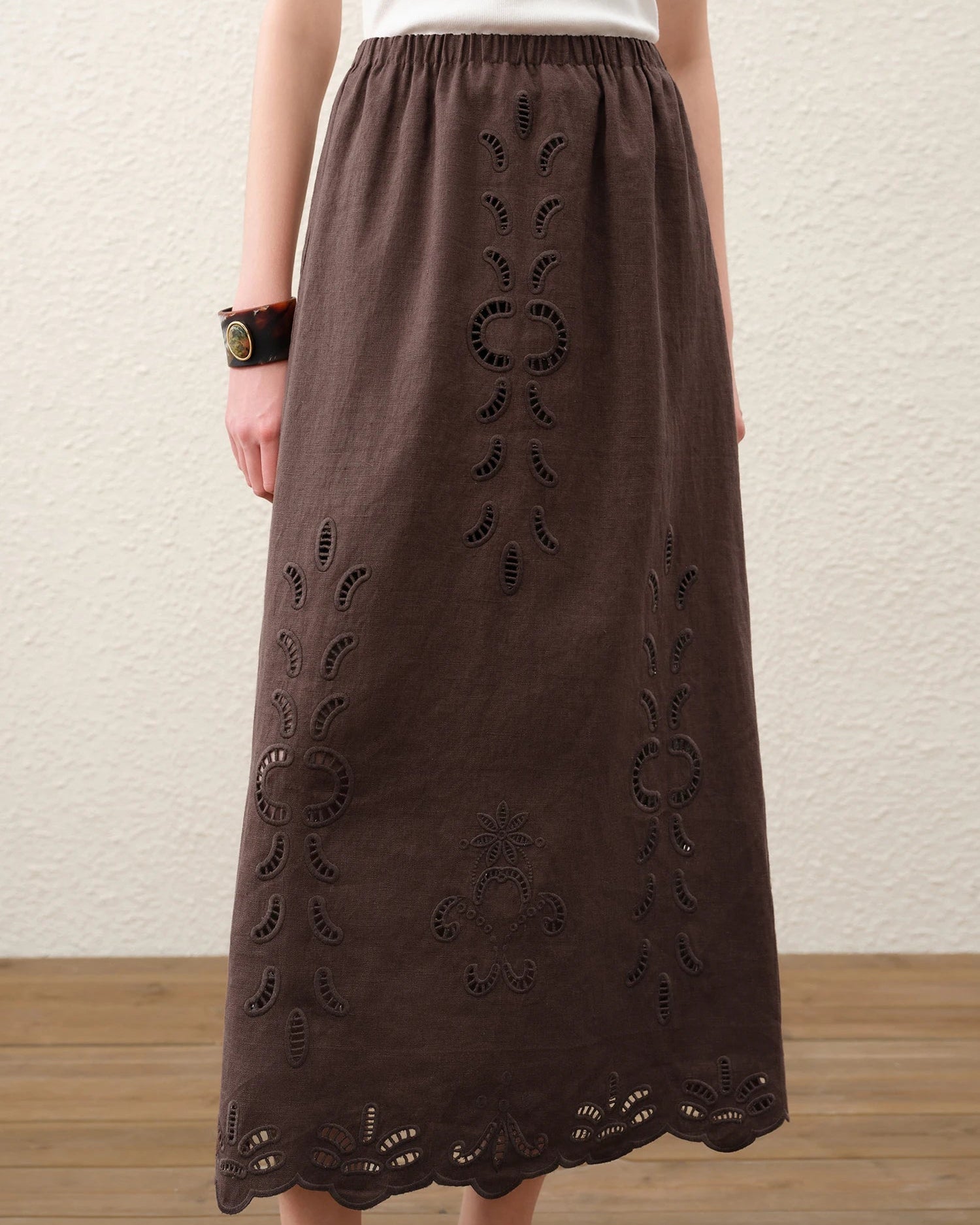 Linen Embroidered A-Line Midi Skirt